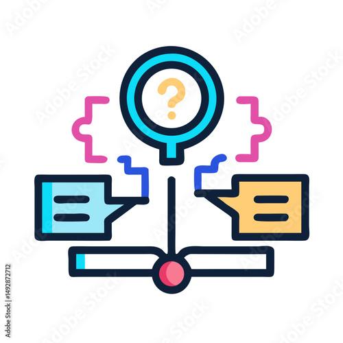 Flowchart illustration representing problem solving process with colorful components