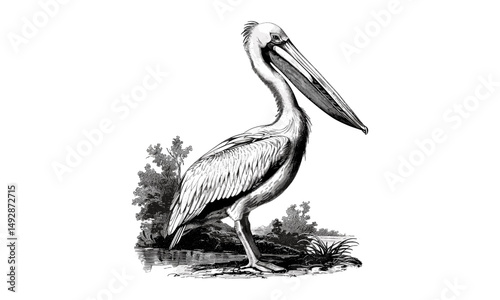 Monochrome Coastal Bird Drawing, Antique Engraving of Pelican, Vintage Ornithology Sketch, Hand-drawn Wildlife Illustration, Rustic Nature Art, Black Sketch, Old Style Nature Art