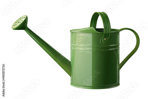 A green watering can with a long spout and handle isolated on a black background in a studio setting on transparent background