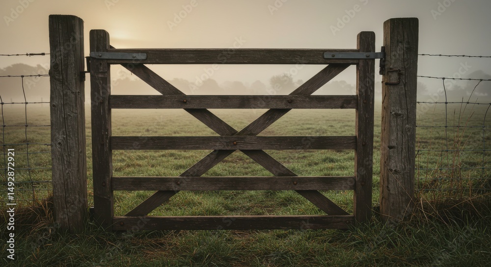Fototapeta premium Rustic Wooden Gate in Foggy Field at Dawn Pastoral Countryside Scene