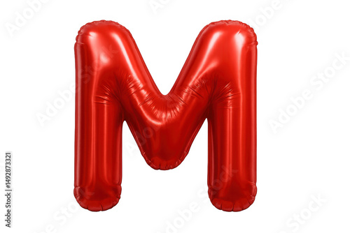Shiny metallic red foil balloon letter m hovering weightlessly, reflecting light against transparent surface for festive design needs