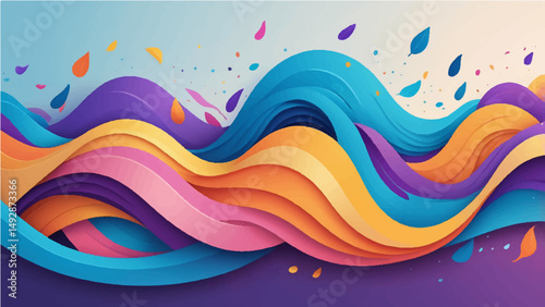 Abstract colorful wave shapes with layered curves and vibrant gradients on a soft background. Includes elements like floating leaves, splashes, and circular particles. Smooth, flowing design with shad