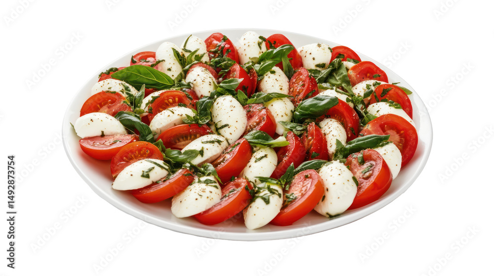 Caprese Salad on a White Plate with Mozzarella Cheese and Tomato Slices on Transparent Background
Caprese Salad on a White Plate with Mozzarella Cheese and Tomato Slices on Transparent Background