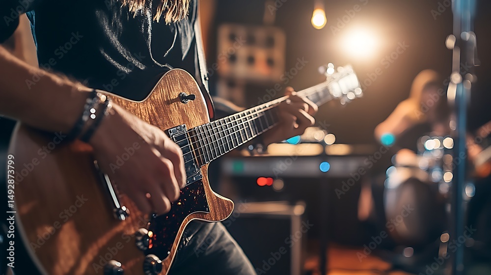 Obraz premium Passionate guitarist live performance with intense energy for dynamic music scene vibrant stage presence and powerful artistic expression concept.