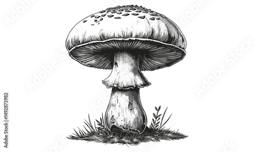 Monochrome Forest Nature Sketch, Vintage Antique Engraving of Puffball Mushroom, Hand-drawn Fungi Illustration, Retro Botanical Drawing, Rustic Etching Print, Animal Print Style