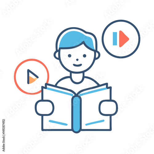 Person learning through book and online media icon
