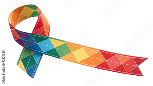 Colorful ribbons symbolize awareness and support for various causes. This vibrant ribbon features geometric design with spectrum of colors
