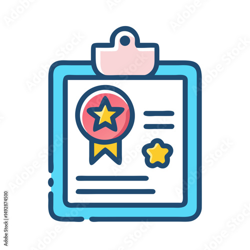 Blue clipboard with certificate and star for quality control
