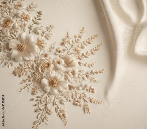 Subtle floral embroidery, luxurious cream fabric ,  satin,  floral pattern, embroidery