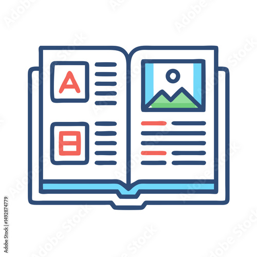 Open book with alphabet and landscape illustration flat style