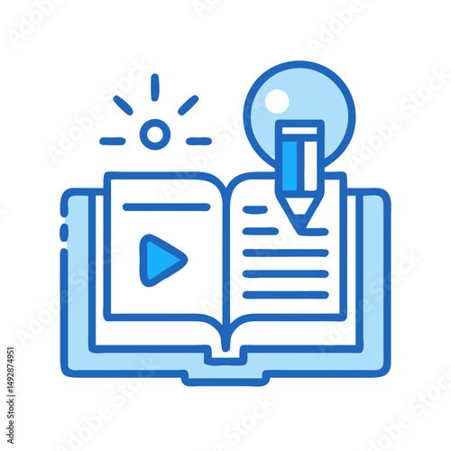 Online education book with video, flat design style illustration