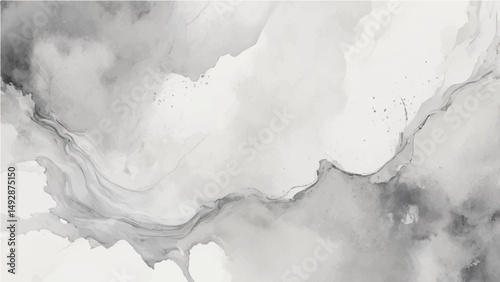 Grunge abstract background with textured paint splashes in dark white, ash, grey tones. Rough edges and layered brush stroke effects in a chaotic composition. Vector format.