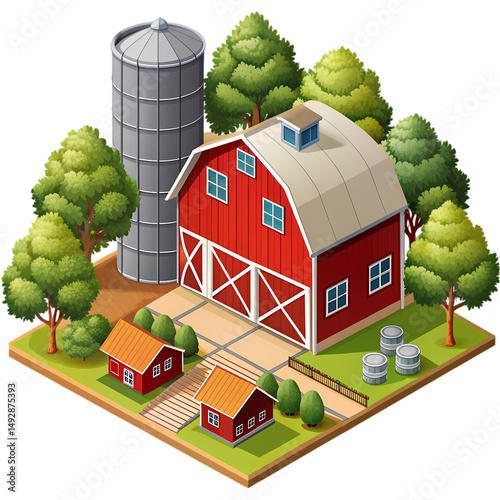Farm Scene Red Barn and Silo isolated on transparent background