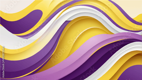 Colorful abstract waves with smooth curves and layered ribbon-like shapes, featuring a vibrant gradient palette of teal, white, yellow, purple, on a background. Vector style, clean edge