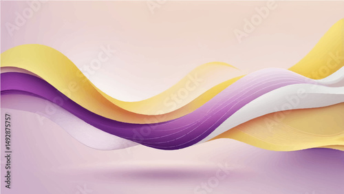 Colorful abstract waves with smooth curves and layered ribbon-like shapes, featuring a vibrant gradient palette of teal, white, yellow, purple, on a background. Vector style, clean edge