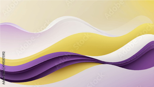 Colorful abstract waves with smooth curves and layered ribbon-like shapes, featuring a vibrant gradient palette of teal, white, yellow, purple, on a background. Vector style, clean edge