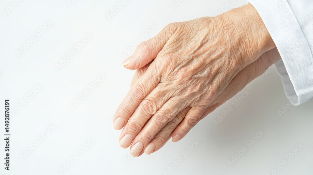Fototapeta premium Delicate hand of an older person resting on a soft white surface in natural light