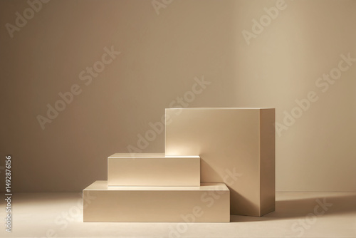 Minimalist Pearl White Podium Display – Tiered Rectangular Product Scene with Soft Studio Lighting, Clean Modern Setup for Cosmetics or Skincare