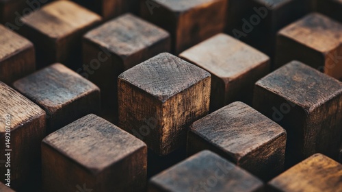 Close up view of wooden cubes showcasing texture and color variation