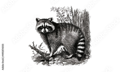 Vintage Raccoon Line Art Engraving, Retro Fauna Illustration, Rustic Wildlife Drawing, Antique Forest Mammal Etching, Monochrome Animal Print, Detailed Nature Sketch, trendy animal art