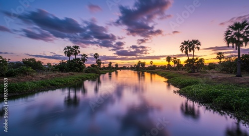 Serene Sunset over Calm River Tropical Palm Trees Peaceful Landscape