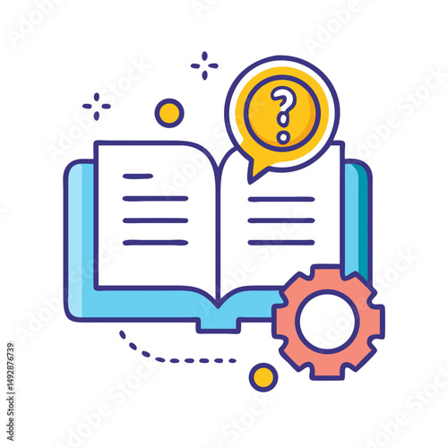 Open book with question mark and gear graphic