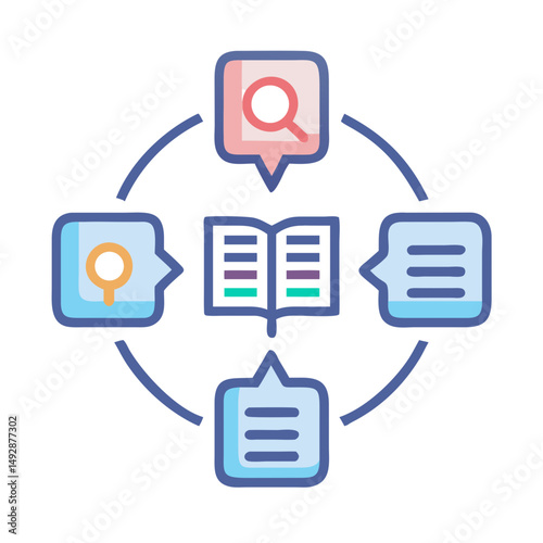 Information exchange depicted via open book and messages loop