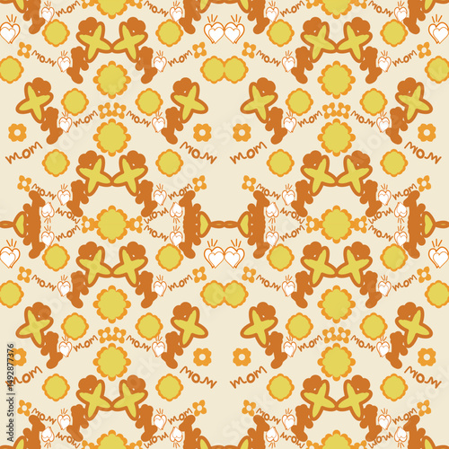 A warm Ikat-inspired floral pattern with orange, mustard yellow, and cream tones. Richly textured and symmetrical, suitable for bohemian or vintage textile designs.