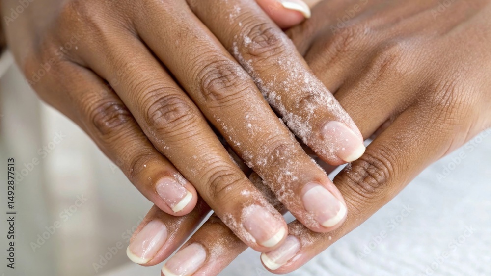 Fototapeta premium Hands covered in powder, showing a manicure process or dry skin treatment.