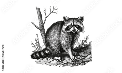 Vintage Wildlife Sketch, Antique Engraving of Raccoon Looking Alert, Hand-drawn Forest Mammal, Retro Monochrome Etching of Curious Animal, black sketch, animal lovers decor