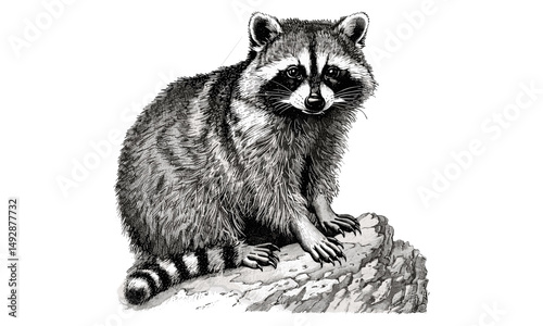 Antique Engraving of Raccoon Looking Alert, Hand-drawn Forest Mammal Illustration, Retro Monochrome Etching of Curious Animal, Vintage Wildlife Sketch, Nature Illustration