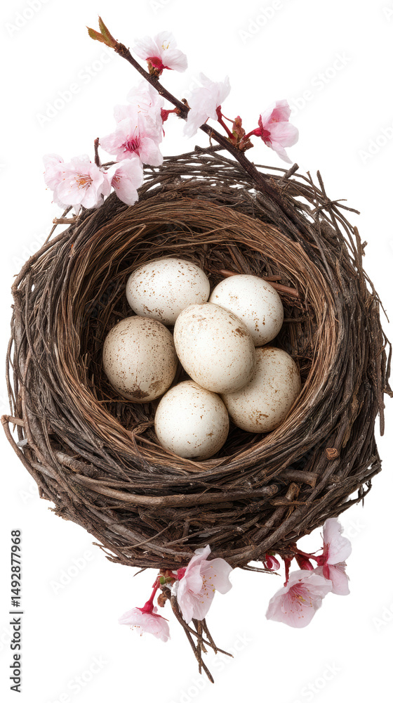 Obraz premium Nest with eggs surrounded by delicate flowers.