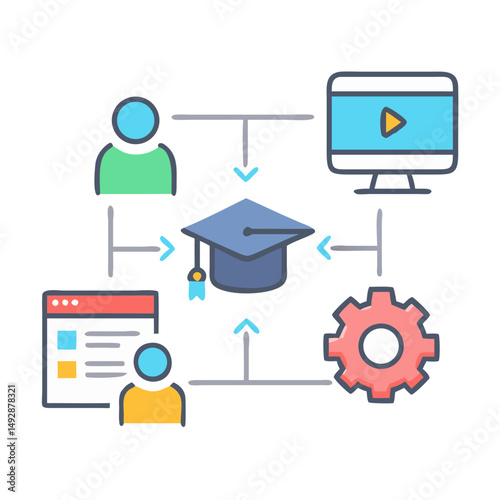 Educational process infographic with graduation cap and interconnected icons