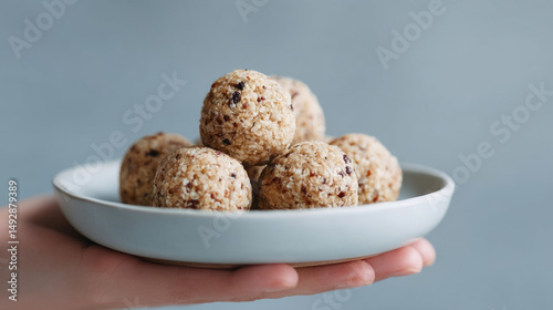 Hand gracefully presenting oat and berry bliss balls, ideal for cozy Hygge moments or energizing Diwali celebrations