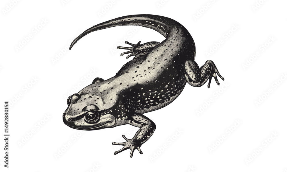 Naklejka premium Rustic Wildlife Art Print, Antique Salamander Engraving, Vintage Amphibian Illustration, Hand-drawn Nature Sketch, Monochrome Reptile Etching, Old Engraving Style, Black Ink Drawing