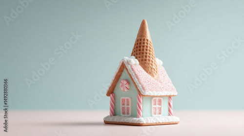 Whimsical candy-cottage with a waffle cone roof evokes enchanting Yule tidings and the whimsical spirit of National Gingerbread Day
