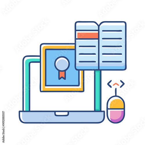 Laptop with digital book offers online courses education concept