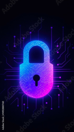 Futuristic digital padlock with neon circuit design on black background