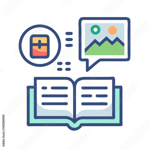 Book with app icon and landscape in speech bubble