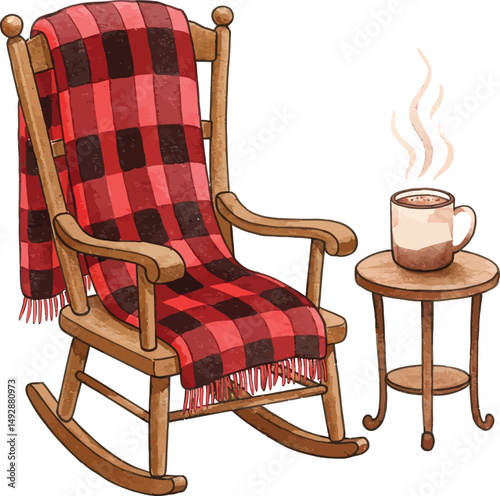 Cozy Rocking Chair with Plaid Blanket and Hot Cocoa