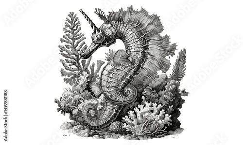 Vintage Ocean Creature Etching, Monochrome Marine Fauna Line Art, Antique Engraving of Seahorse Among Coral, Nautical Fauna Print, Detailed Wildlife Illustration, Rustic Sea Life Drawing,