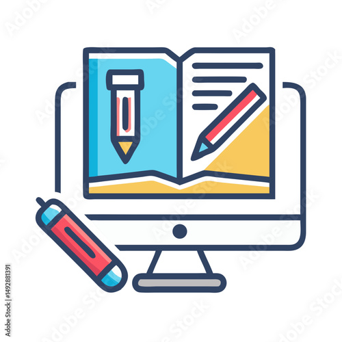Digital learning and writing on a computer screen illustration