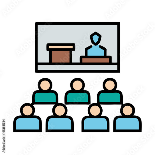 Conference presentation icon with speaker and audience illustration