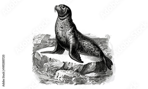 Monochrome Marine Mammal Line Art, Antique Engraving of Seal on Ice, Vintage Wildlife Etching, Nautical Animal Print Black Sketch, Rustic Fauna Drawing, Retro Ocean Print