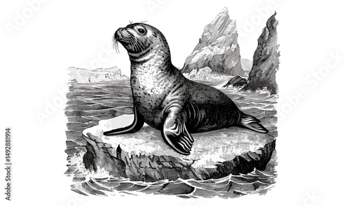 Antique Engraving of Seal on Ice, Monochrome Marine Mammal Line Art, Vintage Wildlife Etching, Rustic Fauna Drawing, Nautical Animal Print Black Sketch, Nature Illustration