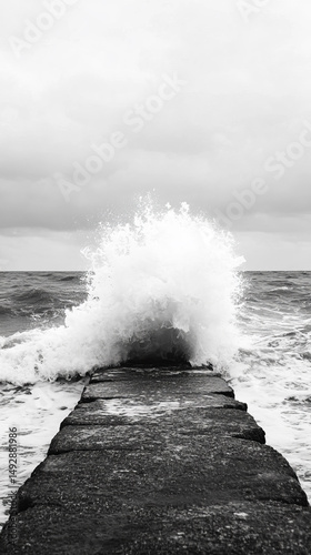 Crashing wave symphony on ancient pier, a tempestuous dance embracing Poseidon's revelry, echoes World Oceans Day, maritime enigma