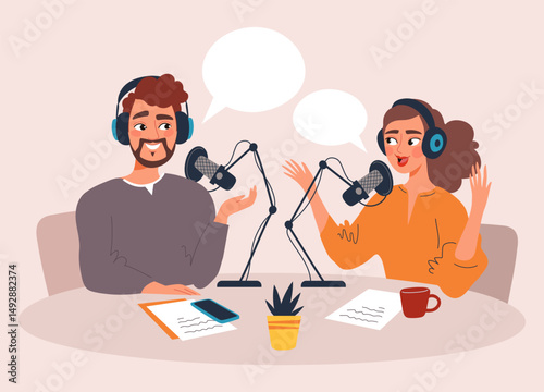 Two podcasters recording a show. Man and woman in headphones speaking into microphones in a podcast studio. Flat vector illustration about digital broadcasting, blogging and content creation