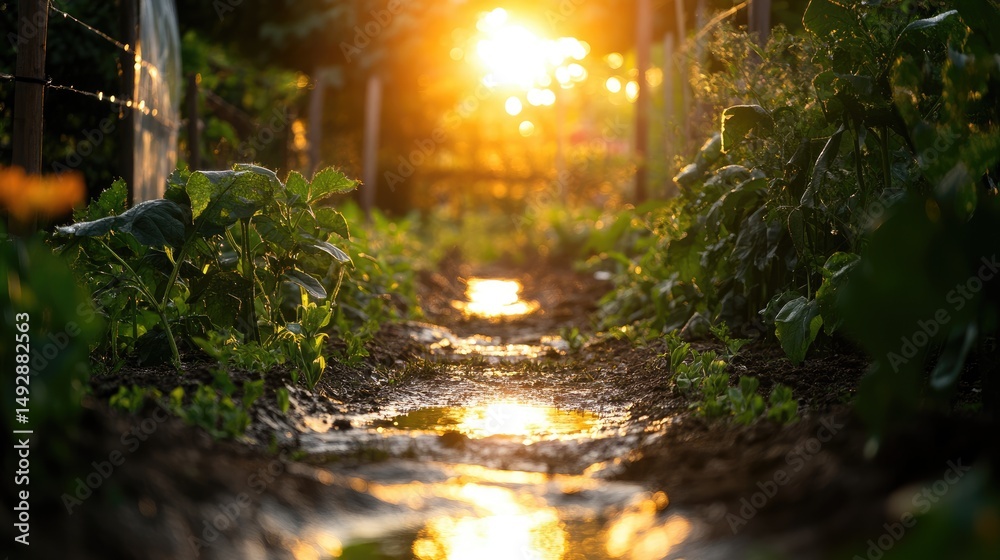 Obraz premium Water-filled trenches reflecting sunlight between green planting beds in a farm