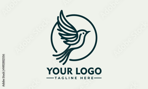 Simple bird line drawing enclosed in circular emblem standing calmly on natural surface. Nature concept
