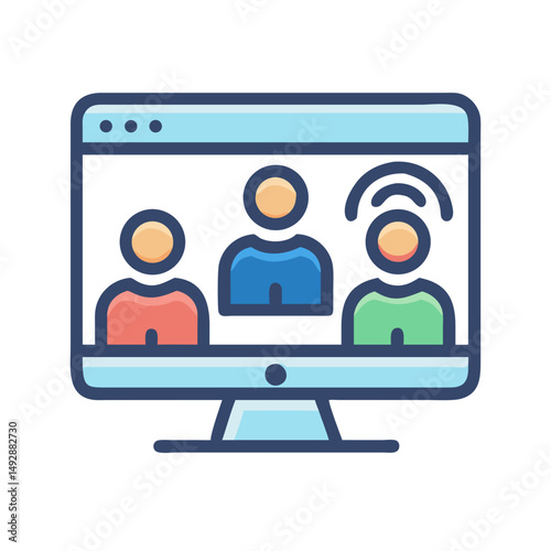 Virtual meeting illustration on computer screen with three people